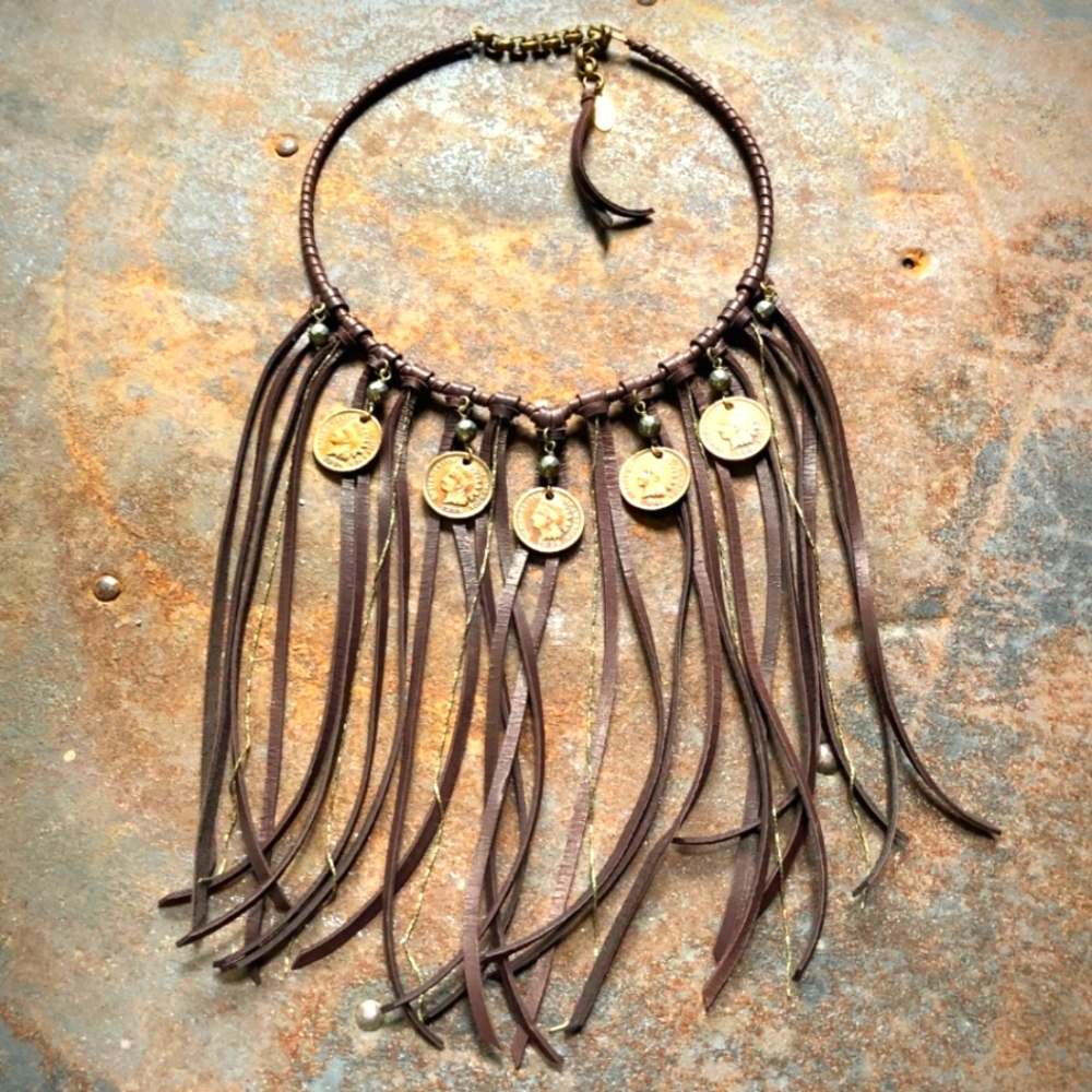 NWOB Astali Indian head coin bib necklace